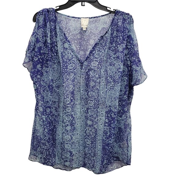 Ella Moss Women's Blue Aqua Paisley Silk Split Hem Lightweight Sheer Top Size‎ M - Picture 1 of 7